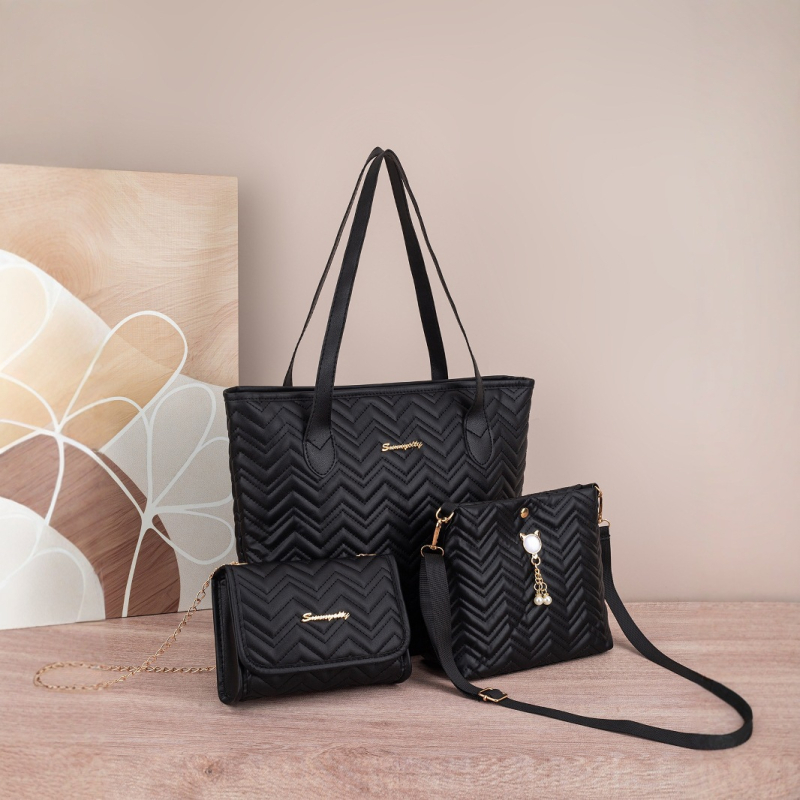 Bucket soma ar kvilēto viļņu svītru rakstu, kaķa pērlu kulons dekors, PU materiāls, poliestera oderes, magnētiska aizvēršana, iekšējā kabata mobilajam telefonam