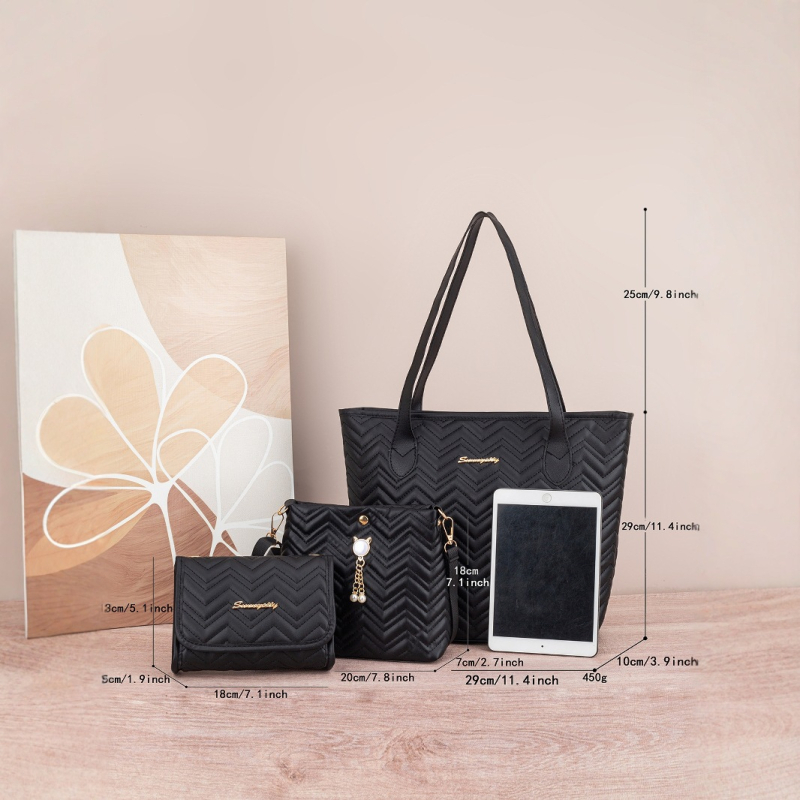 Bucket soma ar kvilēto viļņu svītru rakstu, kaķa pērlu kulons dekors, PU materiāls, poliestera oderes, magnētiska aizvēršana, iekšējā kabata mobilajam telefonam