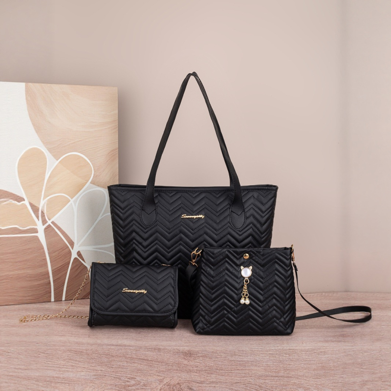 Bucket soma ar kvilēto viļņu svītru rakstu, kaķa pērlu kulons dekors, PU materiāls, poliestera oderes, magnētiska aizvēršana, iekšējā kabata mobilajam telefonam