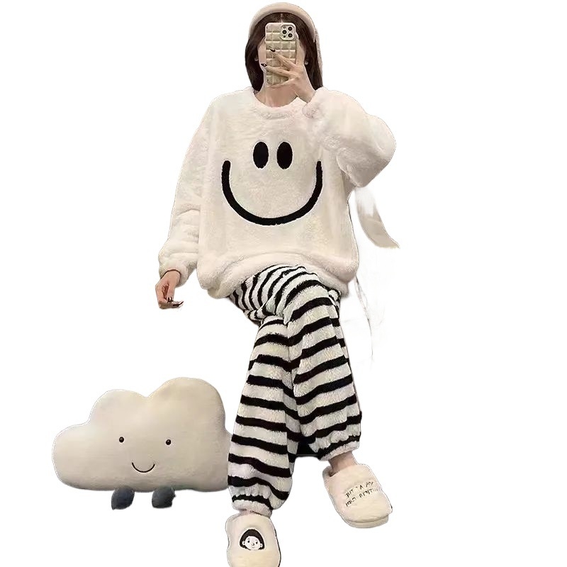 Moterų koralinis fliso pižamų komplektas su šypsenos spaudu, ilgomis rankovėmis, 3/4 kelnes – kasdieniam namų dėvėjimui, pavasaris 2025