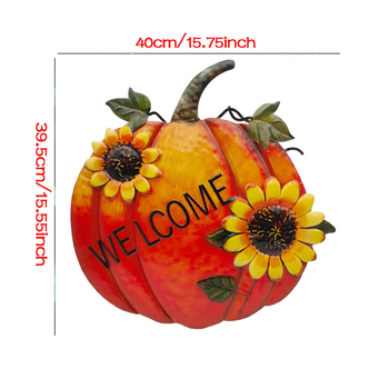 Dzelzs sveiciena zīme ar saulespuķi un ķirbi – sienas dekors (Preces kods: Pumpkin Door Sign; Materiāls: Dzelzs; Kategorija: Augi; Stils: Pastorālais, Eiropas, Amerikas, Mūsdienīgs; Piemēti: Māja, Dārzs, Birojs)