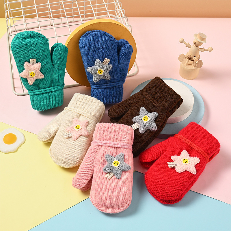 Bērnu adītās ziemas cimdi ar karikatūras rakstu – unisex, silti, 3–5 gadi