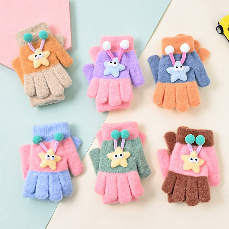 Bērnu pilnpirkstu cimdi, no kokvilnas šķiedras, svītrainais raksts, karikatūras stils, vecums 3–6 gadi