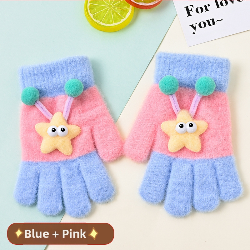 Bērnu pilnpirkstu cimdi, no kokvilnas šķiedras, svītrainais raksts, karikatūras stils, vecums 3–6 gadi