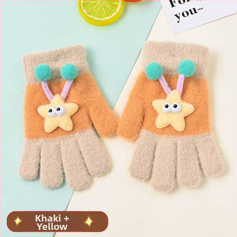 Bērnu pilnpirkstu cimdi, no kokvilnas šķiedras, svītrainais raksts, karikatūras stils, vecums 3–6 gadi