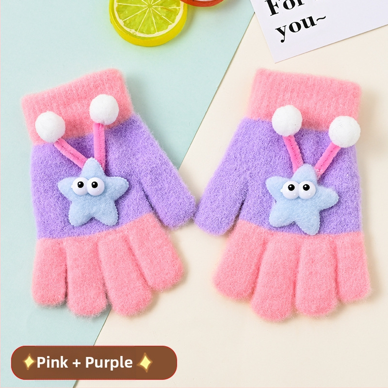 Bērnu pilnpirkstu cimdi, no kokvilnas šķiedras, svītrainais raksts, karikatūras stils, vecums 3–6 gadi