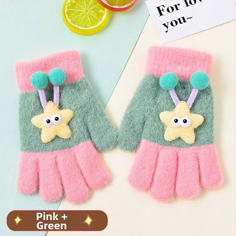 Bērnu pilnpirkstu cimdi, no kokvilnas šķiedras, svītrainais raksts, karikatūras stils, vecums 3–6 gadi