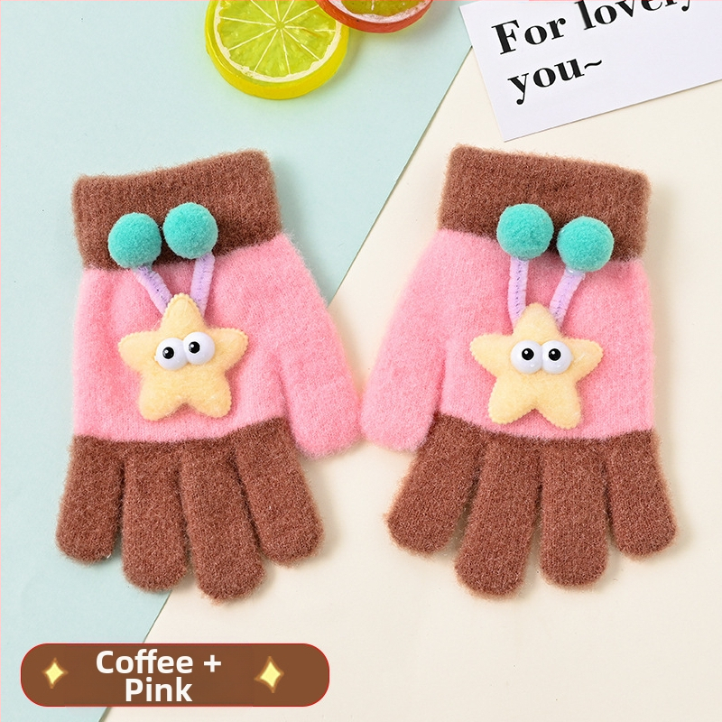 Bērnu pilnpirkstu cimdi, no kokvilnas šķiedras, svītrainais raksts, karikatūras stils, vecums 3–6 gadi