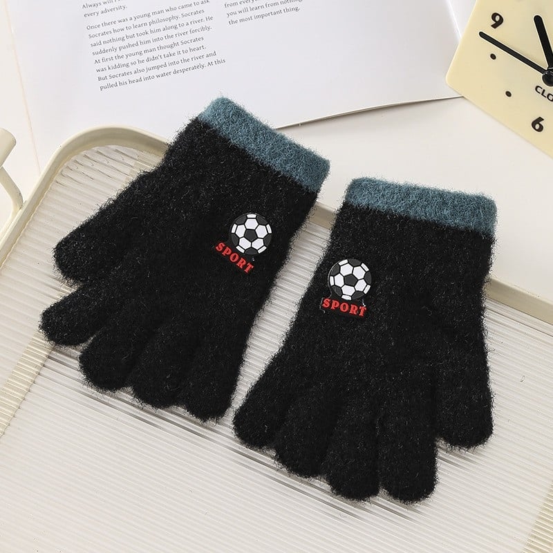 Bērnu ziemas cimdi ar animācijas futbola motīvu | adīti • jakarda • silti • unisex • vecums 3–10 gadi • ziema