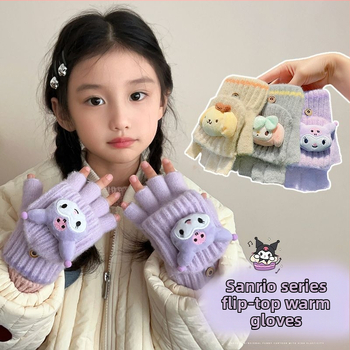 Bērnu vilnas siltas pirkstveidīgas cimdi ar pusprstu dizainu, karikatūras raksts, vecums 5–12 gadi