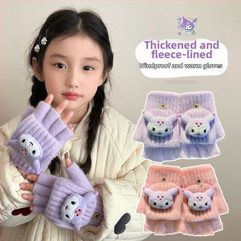 Bērnu vilnas siltas pirkstveidīgas cimdi ar pusprstu dizainu, karikatūras raksts, vecums 5–12 gadi