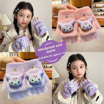 Bērnu vilnas siltas pirkstveidīgas cimdi ar pusprstu dizainu, karikatūras raksts, vecums 5–12 gadi