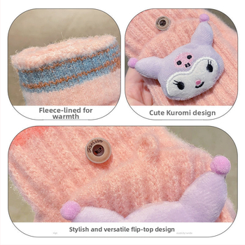 Bērnu vilnas siltas pirkstveidīgas cimdi ar pusprstu dizainu, karikatūras raksts, vecums 5–12 gadi