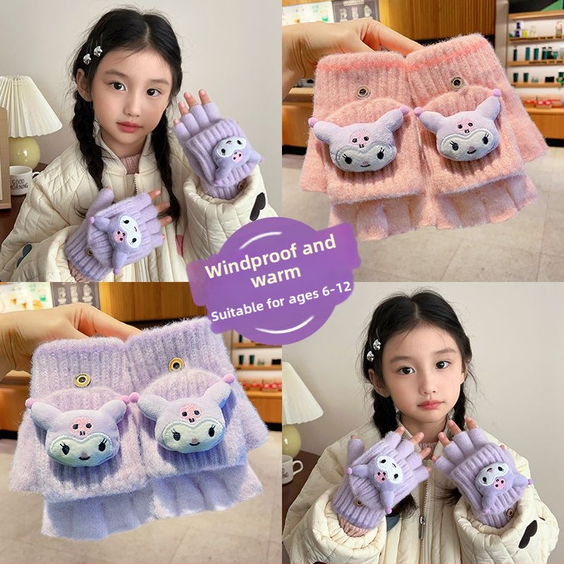 Детски топли вълнени ръкавици за зима, с половин пръсти, карикатурен дизайн, за деца 5–12 г.