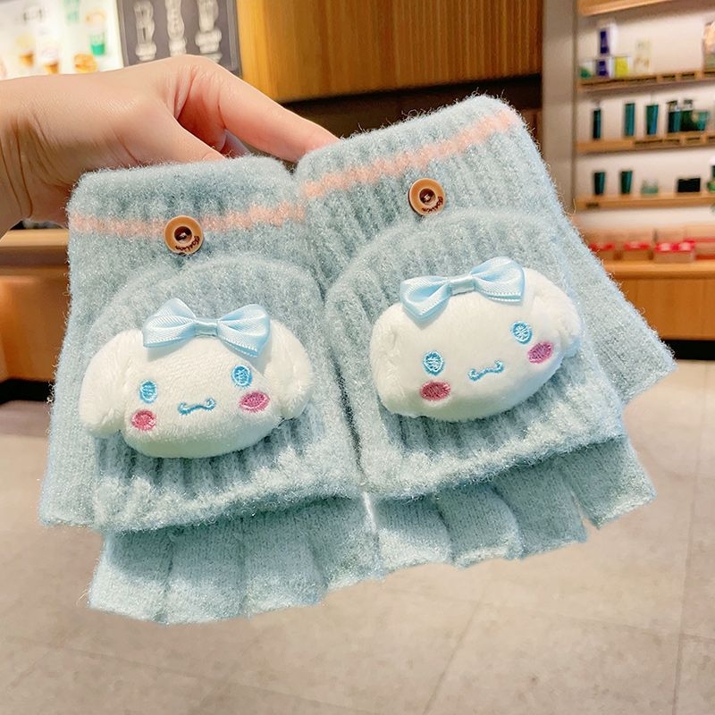 Bērnu vilnas siltas pirkstveidīgas cimdi ar pusprstu dizainu, karikatūras raksts, vecums 5–12 gadi