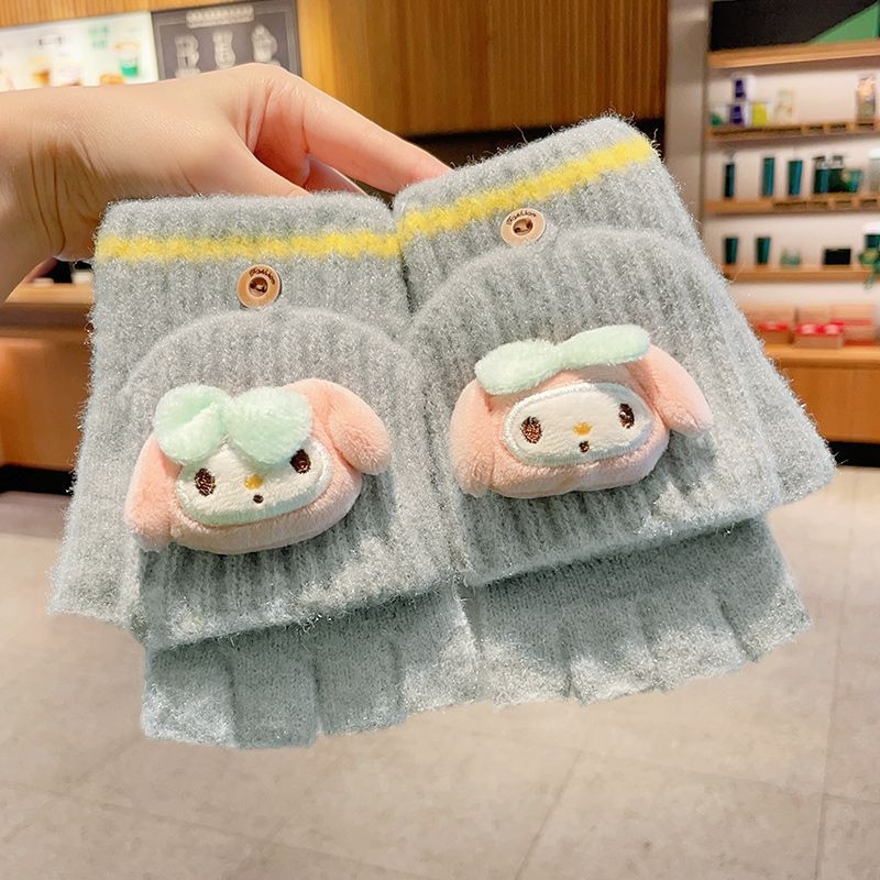 Bērnu vilnas siltas pirkstveidīgas cimdi ar pusprstu dizainu, karikatūras raksts, vecums 5–12 gadi