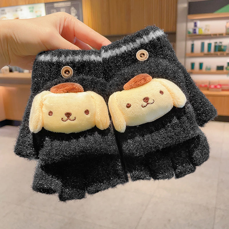 Bērnu vilnas siltas pirkstveidīgas cimdi ar pusprstu dizainu, karikatūras raksts, vecums 5–12 gadi