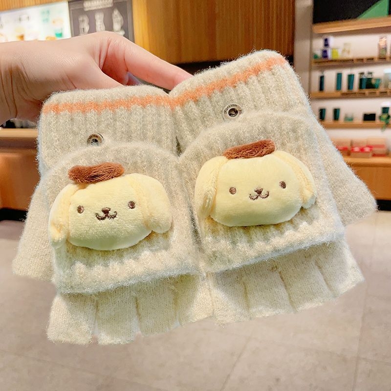 Bērnu vilnas siltas pirkstveidīgas cimdi ar pusprstu dizainu, karikatūras raksts, vecums 5–12 gadi