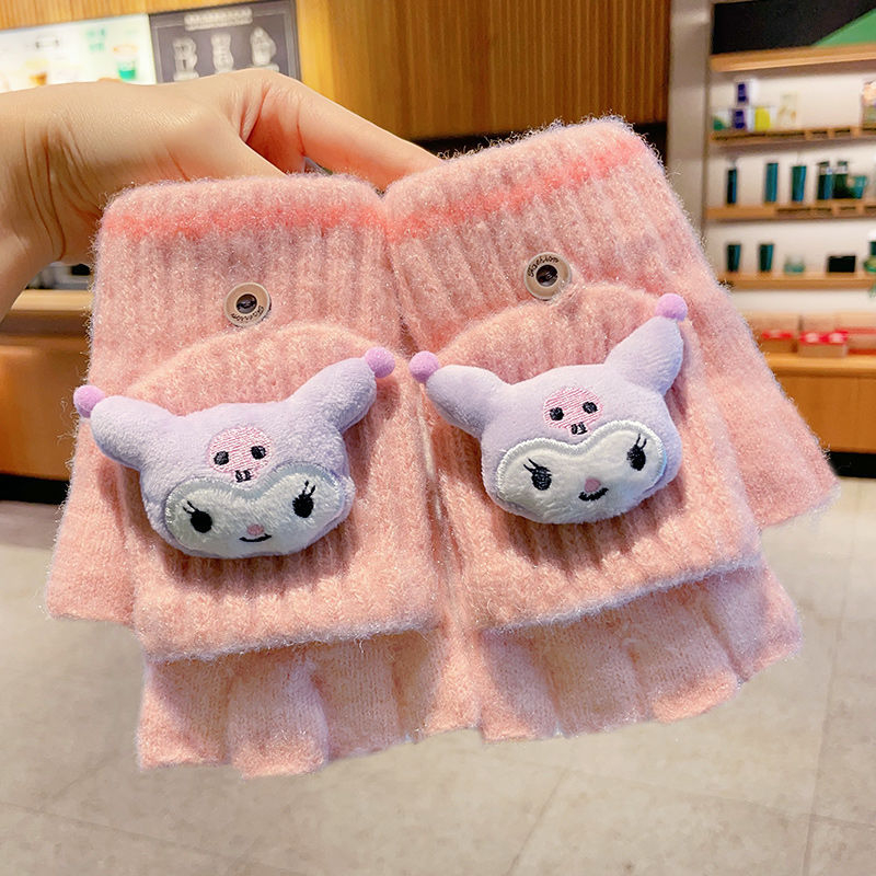 Bērnu vilnas siltas pirkstveidīgas cimdi ar pusprstu dizainu, karikatūras raksts, vecums 5–12 gadi