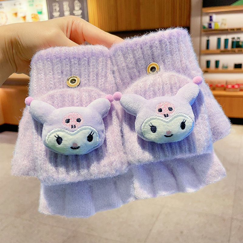 Bērnu vilnas siltas pirkstveidīgas cimdi ar pusprstu dizainu, karikatūras raksts, vecums 5–12 gadi