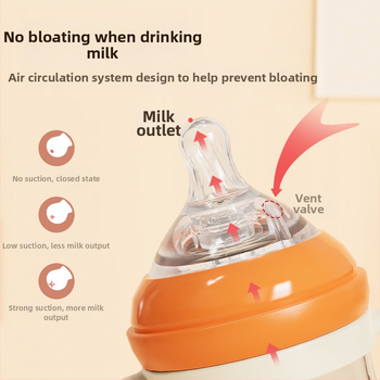 Bērnu barošanas pudelīte ar platāku atveri, no PP materiāla, izliektu dizainu, ar rokturi, pret aizrīšanos, pret uzpūšanos