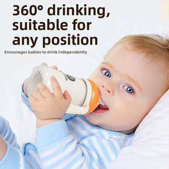 Bērnu barošanas pudelīte ar platāku atveri, no PP materiāla, izliektu dizainu, ar rokturi, pret aizrīšanos, pret uzpūšanos