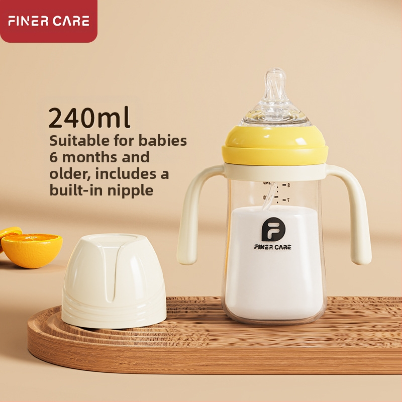 Bērnu barošanas pudelīte ar platāku atveri, no PP materiāla, izliektu dizainu, ar rokturi, pret aizrīšanos, pret uzpūšanos