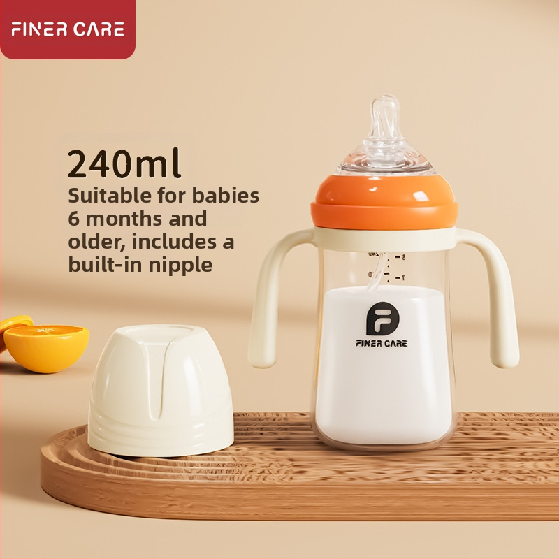 Bērnu barošanas pudelīte ar platāku atveri, no PP materiāla, izliektu dizainu, ar rokturi, pret aizrīšanos, pret uzpūšanos