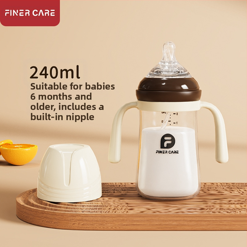 Bērnu barošanas pudelīte ar platāku atveri, no PP materiāla, izliektu dizainu, ar rokturi, pret aizrīšanos, pret uzpūšanos