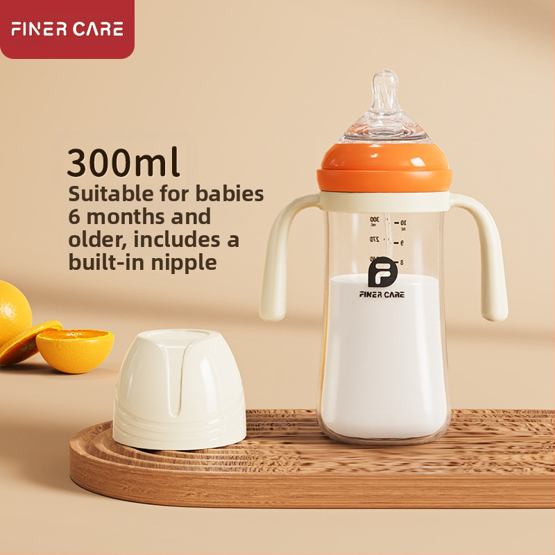 Bērnu barošanas pudelīte ar platāku atveri, no PP materiāla, izliektu dizainu, ar rokturi, pret aizrīšanos, pret uzpūšanos