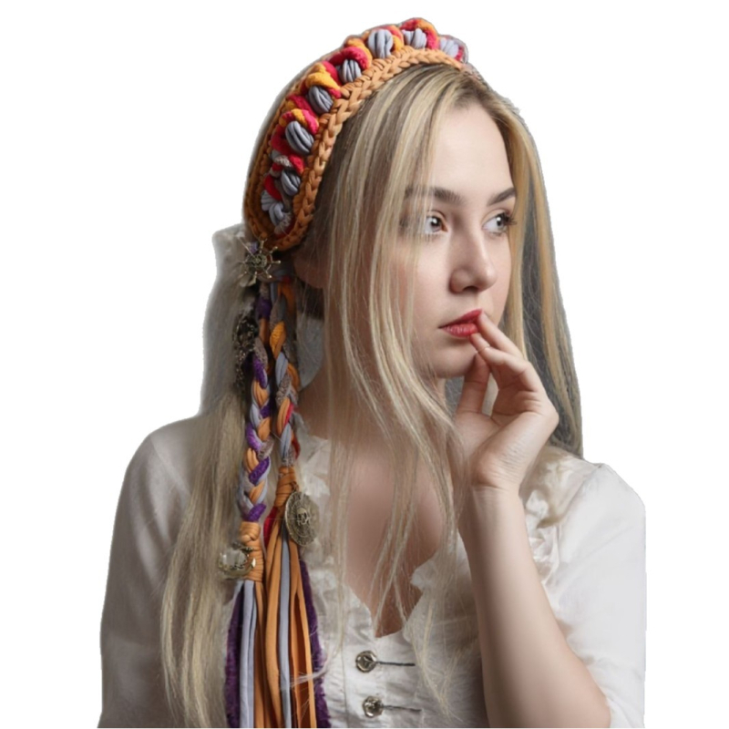 Sieviešu matu lente ar boho pūciņām, retro stils, raksts ar kvadrātiņiem, viļņota forma, atsevišķs iepakojums