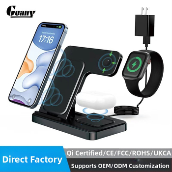 Sulankstomas belaidžio įkroviklis 3-in-1 su magnetiniu laikikliu telefonui, laikrodžiui ir ausinėms; išvestis 15W, įėjimas 9V/2A, QC3.0.