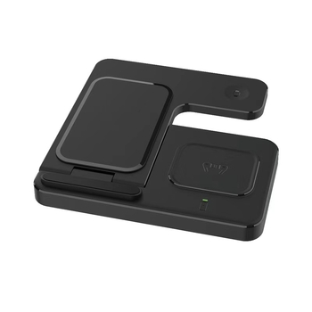 Sulankstomas belaidžio įkroviklis 3-in-1 su magnetiniu laikikliu telefonui, laikrodžiui ir ausinėms; išvestis 15W, įėjimas 9V/2A, QC3.0.