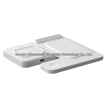 Sulankstomas belaidžio įkroviklis 3-in-1 su magnetiniu laikikliu telefonui, laikrodžiui ir ausinėms; išvestis 15W, įėjimas 9V/2A, QC3.0.