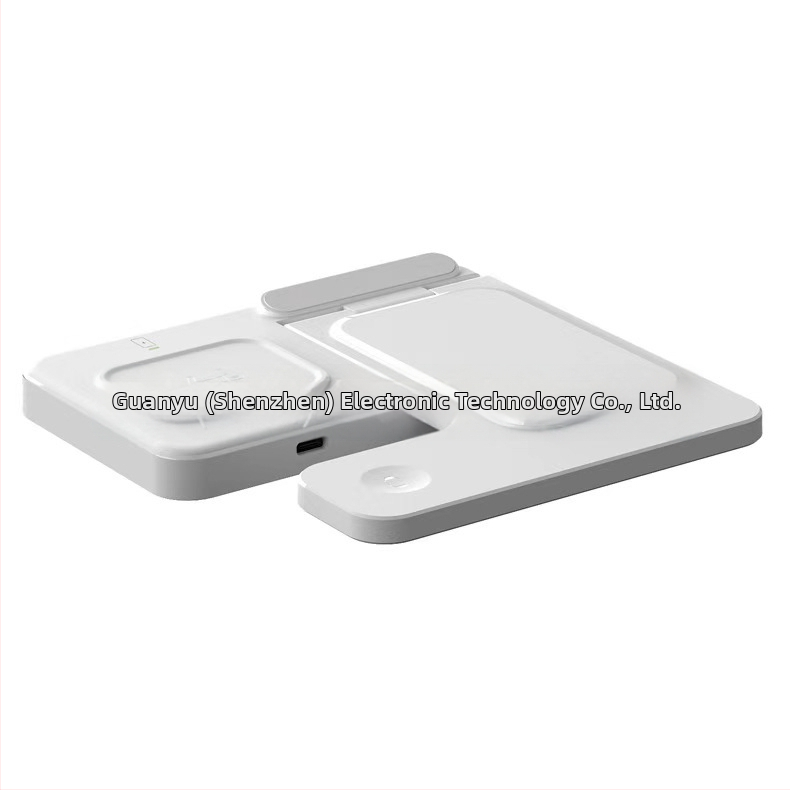 Сгъваемо безжично зарядно устройство 3-в-1 с магнитен държач за телефон, часовник и слушалки; изход 15W, вход 9V/2A, QC3.0.