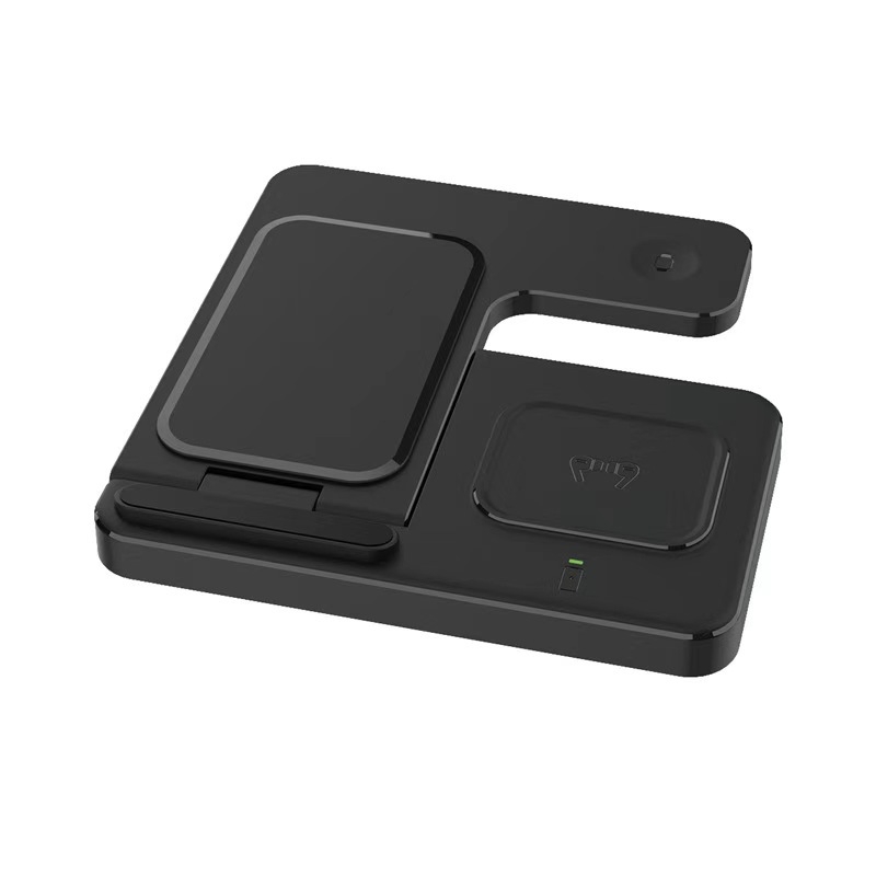 Sulankstomas belaidžio įkroviklis 3-in-1 su magnetiniu laikikliu telefonui, laikrodžiui ir ausinėms; išvestis 15W, įėjimas 9V/2A, QC3.0.