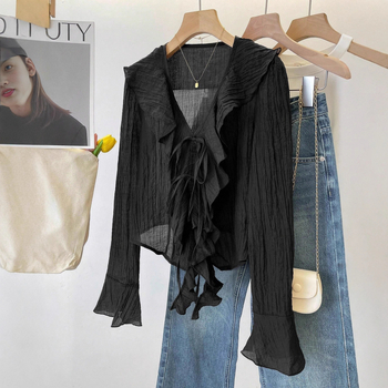 V kakla blūze, pulovera stils, garas piedurknes, platās piedurknes, poliesteris audums.