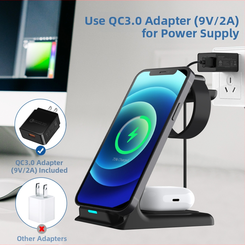 3-in-1 безжично зарядно със вертикална стойка за iPhone 14, Apple Watch и AirPods | Максимална мощност 15W