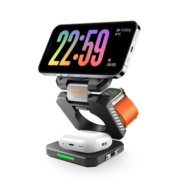 Magnētisks bezvadu uzlādes trīs vienā, saliekams Mecha stila dizains, PD/QC3.0, 15W, 2A