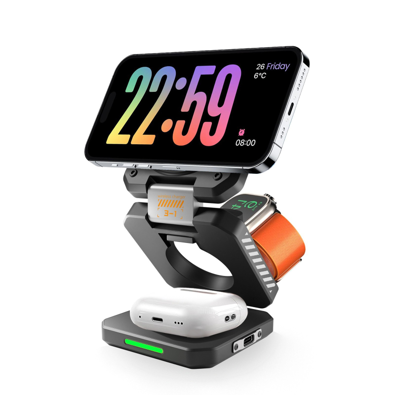 Magnētisks bezvadu uzlādes trīs vienā, saliekams Mecha stila dizains, PD/QC3.0, 15W, 2A