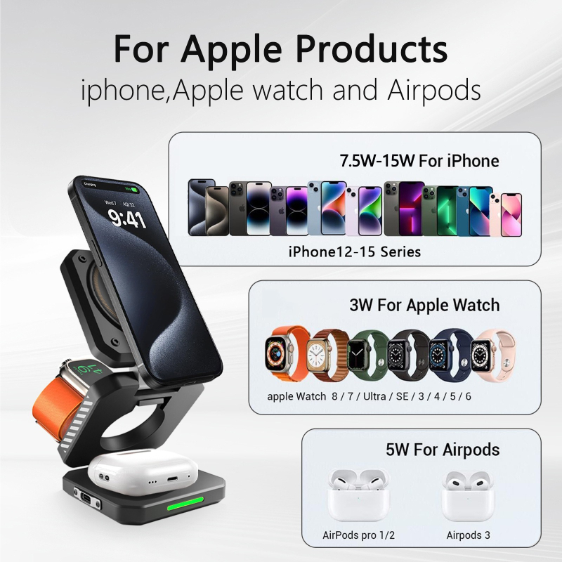 Magnētisks bezvadu uzlādes trīs vienā, saliekams Mecha stila dizains, PD/QC3.0, 15W, 2A