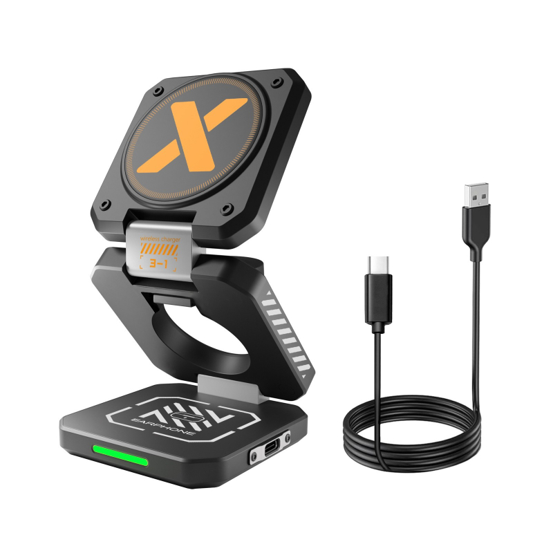 Magnētisks bezvadu uzlādes trīs vienā, saliekams Mecha stila dizains, PD/QC3.0, 15W, 2A