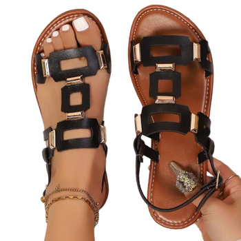 Ženske sandale s širokim remenom, prozračne s otvorenim prstom, PU gornji dio, kožna podstava, TPR đon, nizak šev, ravna potplata