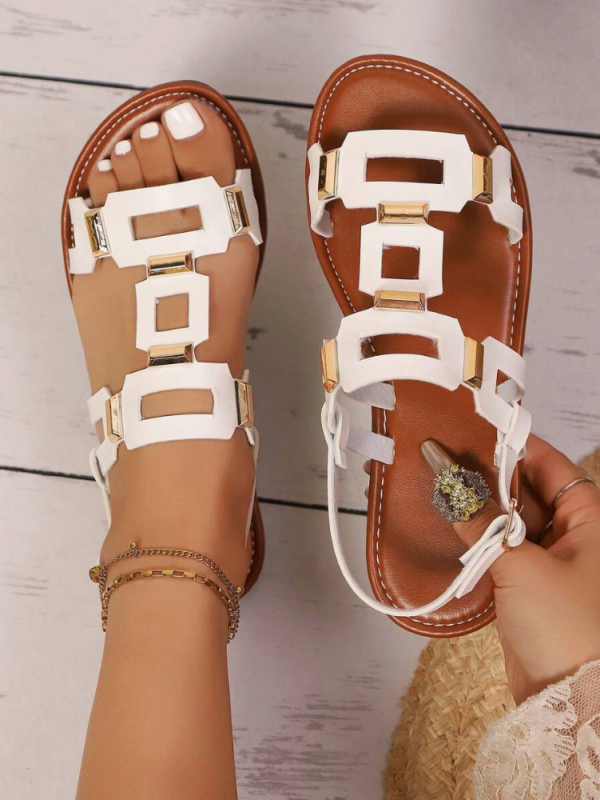 Ženske sandale s širokim remenom, prozračne s otvorenim prstom, PU gornji dio, kožna podstava, TPR đon, nizak šev, ravna potplata