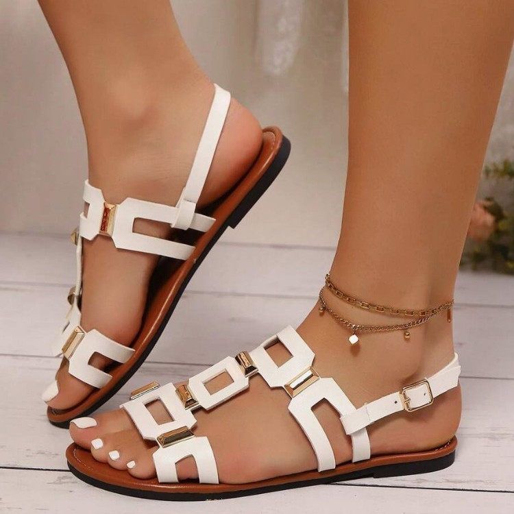 Ženske sandale s širokim remenom, prozračne s otvorenim prstom, PU gornji dio, kožna podstava, TPR đon, nizak šev, ravna potplata