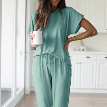 Dviejų dalių komplektas: paprastas kasdienis V kaklo topas su 3/4 rankovėmis + kelnės, Milk Silk audinys, poliesteris 95–100%