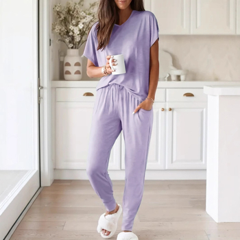 Dviejų dalių komplektas: paprastas kasdienis V kaklo topas su 3/4 rankovėmis + kelnės, Milk Silk audinys, poliesteris 95–100%