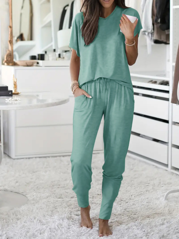 Dviejų dalių komplektas: paprastas kasdienis V kaklo topas su 3/4 rankovėmis + kelnės, Milk Silk audinys, poliesteris 95–100%