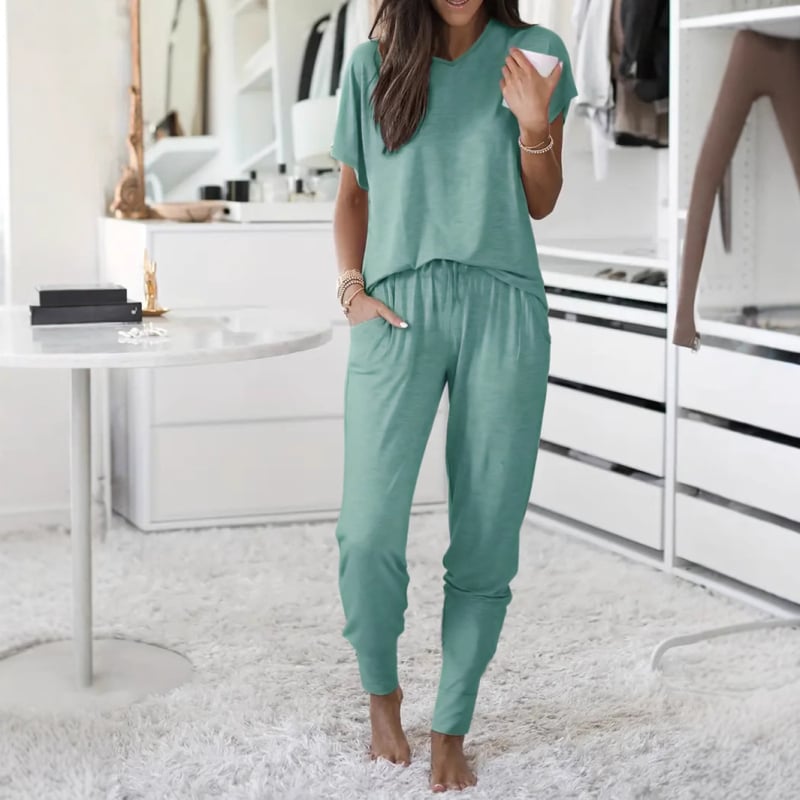 Dviejų dalių komplektas: paprastas kasdienis V kaklo topas su 3/4 rankovėmis + kelnės, Milk Silk audinys, poliesteris 95–100%