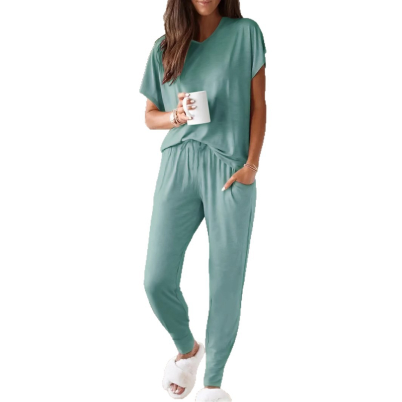 Dviejų dalių komplektas: paprastas kasdienis V kaklo topas su 3/4 rankovėmis + kelnės, Milk Silk audinys, poliesteris 95–100%